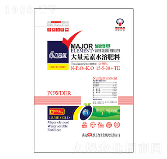 硝硫基高鉀型大量元素水溶肥料15-5-30+TE-六合金-金必來生物